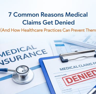 Educational infographic banner titled "7 Common Reasons Medical Insurance Claims Get Denied."