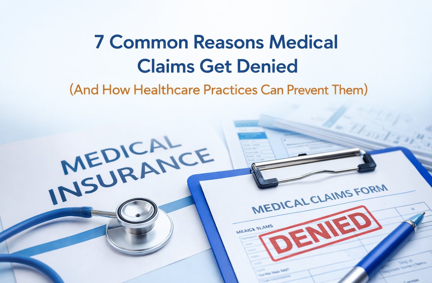 Educational infographic banner titled "7 Common Reasons Medical Insurance Claims Get Denied."