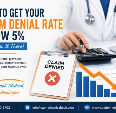 Operational graphic titled "How to Get Your Claim Denial Rate Below 5%" with financial analytics.