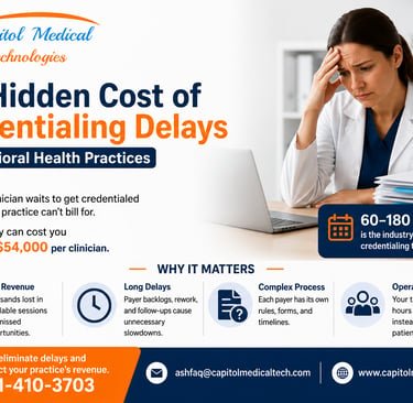 Educational promo card titled "The Hidden Cost of Credentialing Delays" featuring a medical doctor.