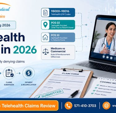 Telehealth Billing" informational graphic illustrating virtual healthcare consultations and revenue management