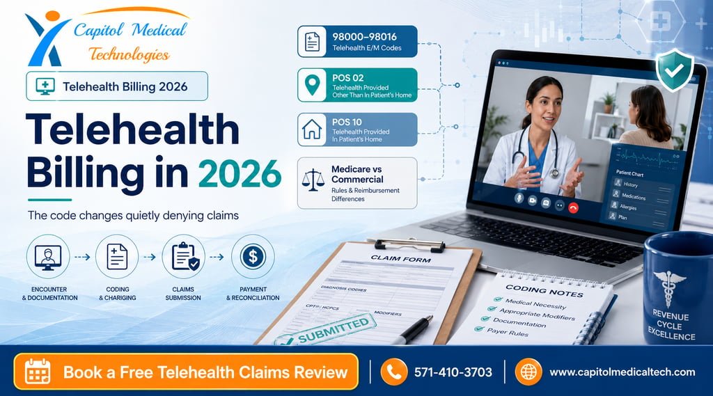 Telehealth Billing" informational graphic illustrating virtual healthcare consultations and revenue management