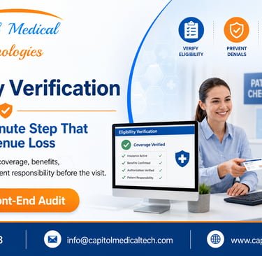 Promotional card for "Eligibility Verification" showing front-desk patient intake and insurance verification.