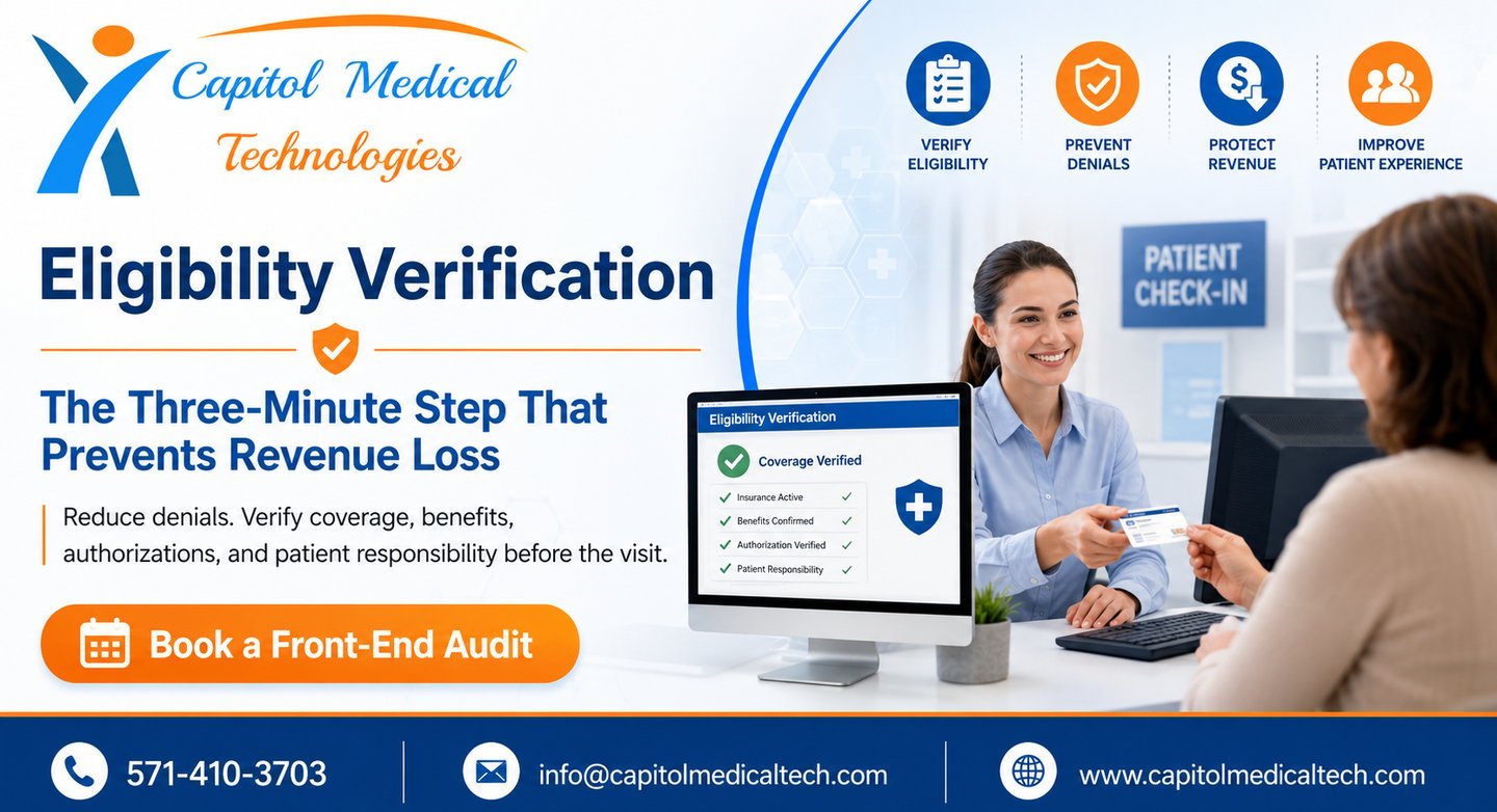 Promotional card for "Eligibility Verification" showing front-desk patient intake and insurance verification.