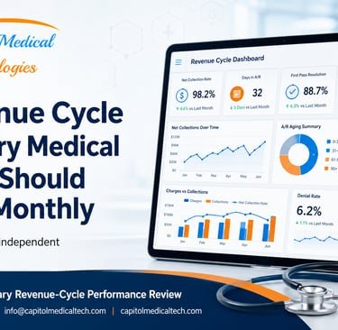 Capitol Medical Technologies graphic showing 7 monthly revenue cycle KPIs on a healthcare billing dashboard.