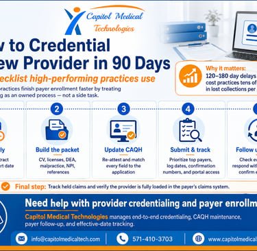 Step-by-step infographic guide titled "How to Credential a New Provider in 90 Days.