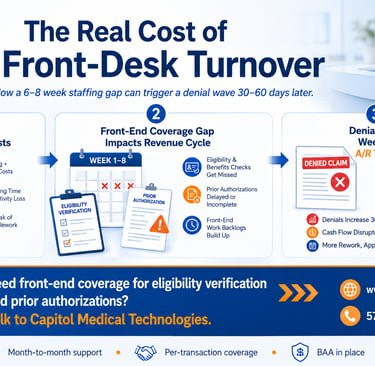 Informational graphic highlighting "The Real Cost of Front-Desk Turnover" in medical practices.