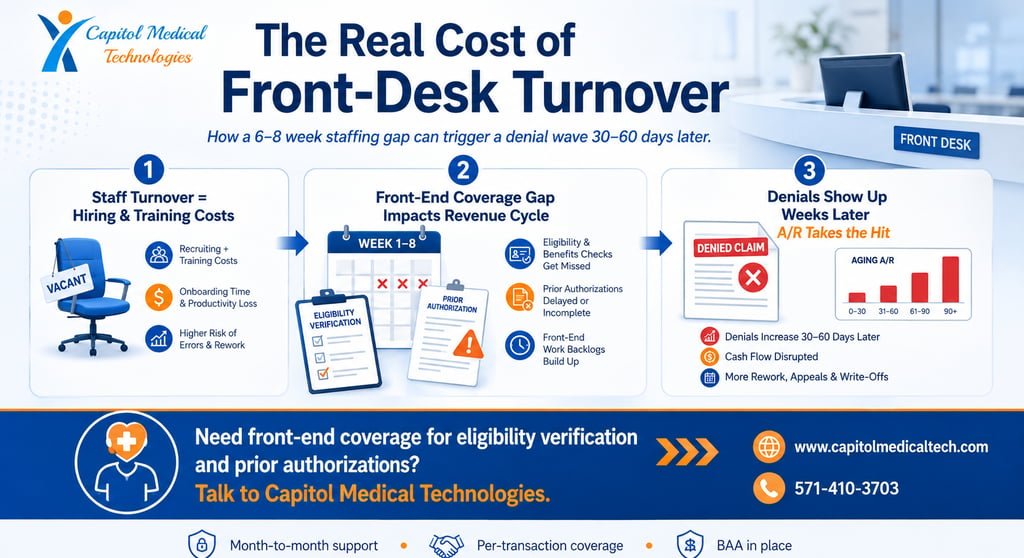 Informational graphic highlighting "The Real Cost of Front-Desk Turnover" in medical practices.