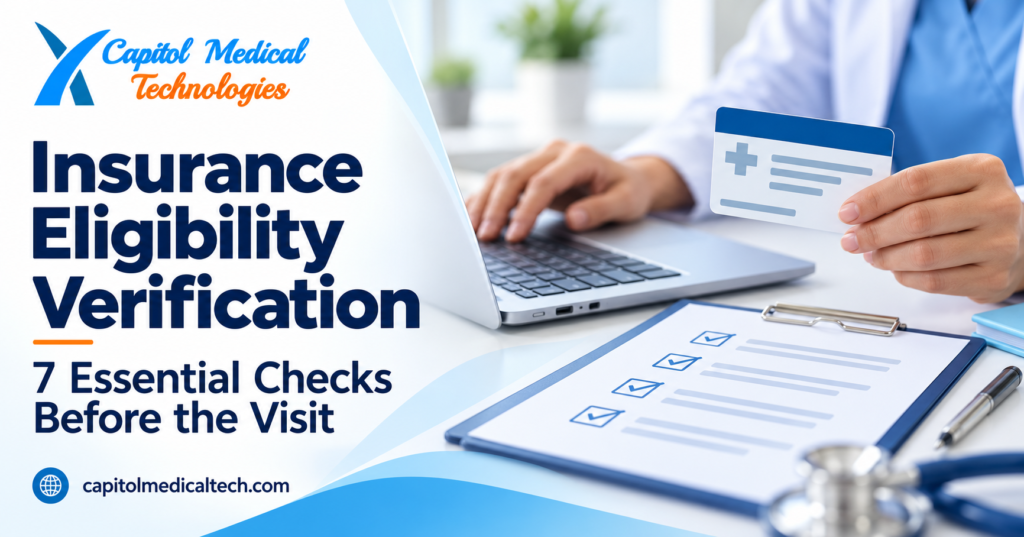 CMT graphic showing insurance eligibility verification and seven essential checks before a patient visit.