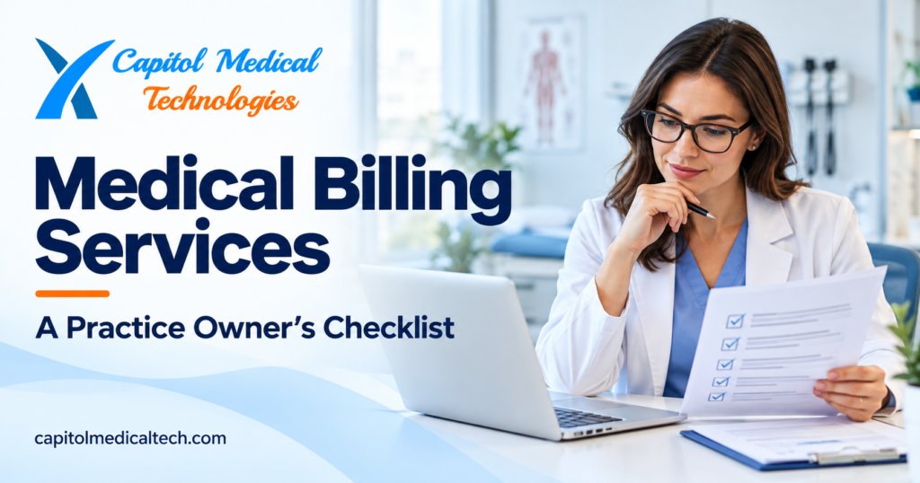 Healthcare professional reviewing a checklist beside a laptop, with CMT branding and the title “Medical Billing Services